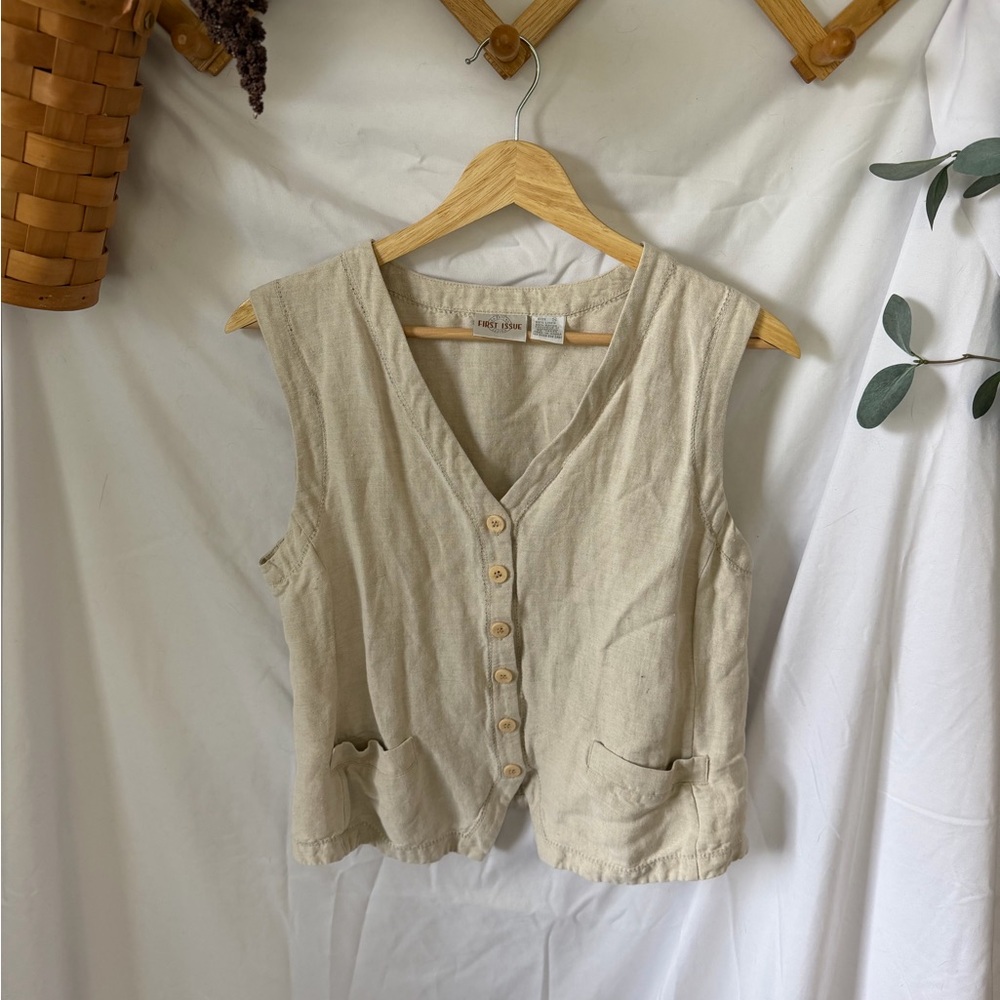 Light Beige Linen Blend Button-Front Vest